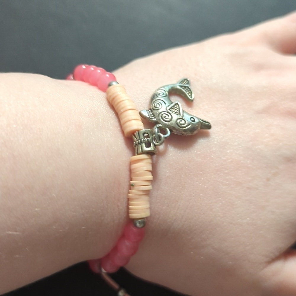 Silver Tone Pink Bead and Shell Dolphin Charm Statement Bracelet